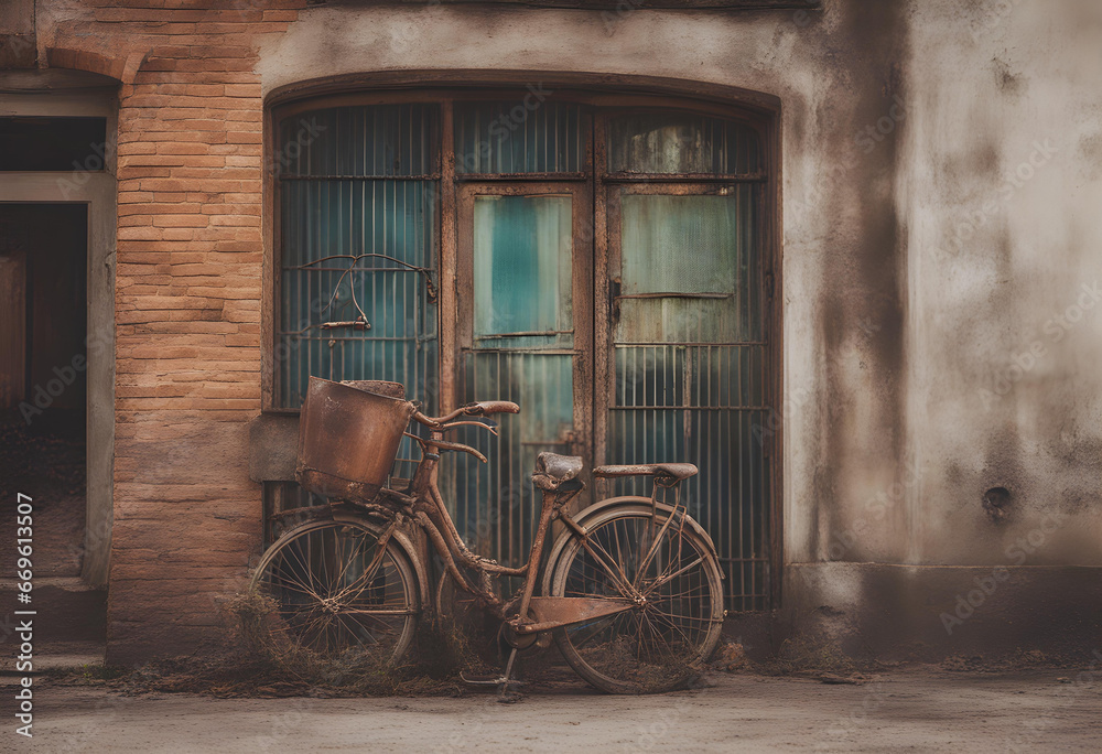old and rusty bicycle in front of a house