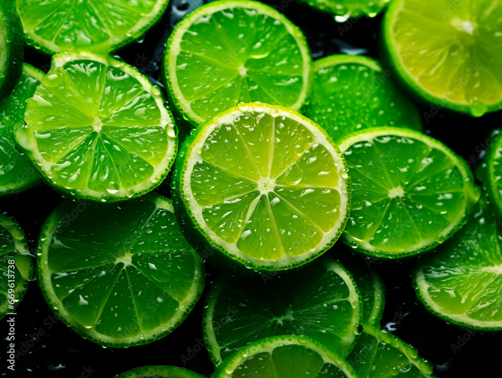Top view of fresh green limes or lemons cut in half Top view of fresh green limes or lemons cut in half