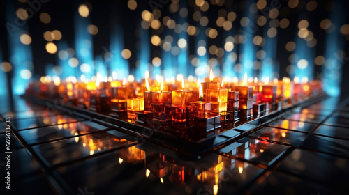 Abstract neon background in red, orange, blue, yellow, and black colors with candles. Wallpaper, illustration.