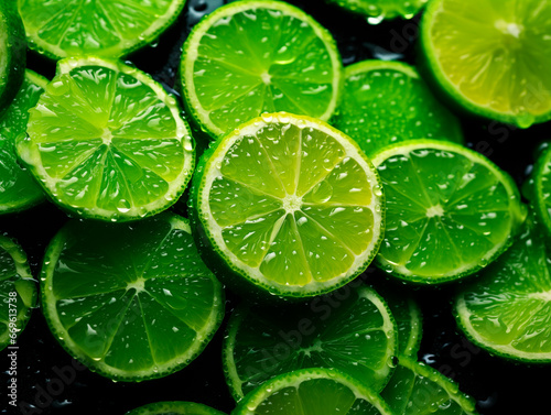 Top view of fresh green limes or lemons cut in half