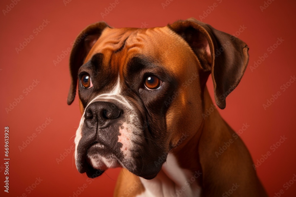 A friendly boxer dog with a tan coat and expressive eyes against a red backdrop. Generative AI