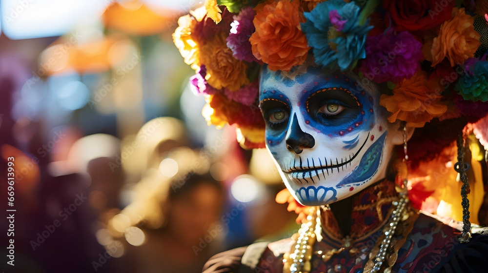Vivid portrait of a woman with colorful Day of the Dead makeup, floral headdress, and detailed facial paint in festive ambiance