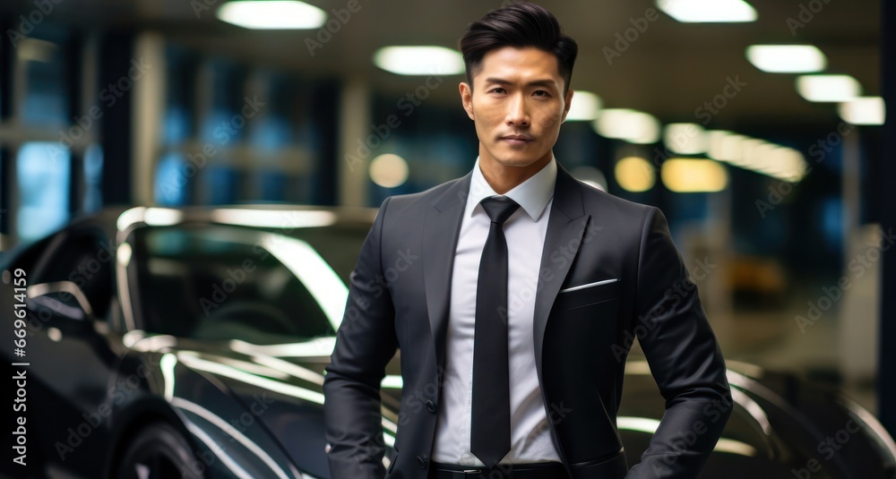 Asian Man Wealthy Business Person Sports Car Setting Generative AI