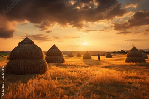 Fotomurale Picturesque scenery: haystacks in sunset. Generative AI