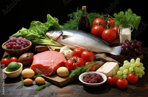 healthy protein foods stock image, in the style of aristarkh lentulov, greg olsen, kitty lange kielland, rural subject matter, clean, light emerald and red, american consumer culture