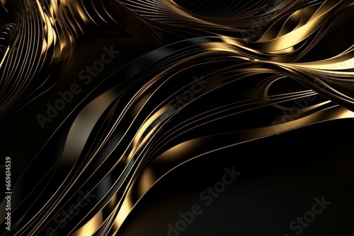 Elegant golden lines intertwine with black lines, forming an abstract and luxurious background. Rendered in 3D. Generative AI