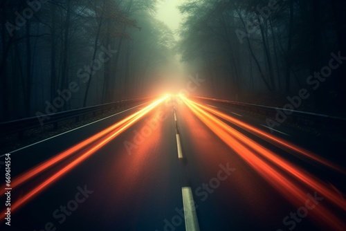 Blurred car streaks amidst misty road. Generative AI