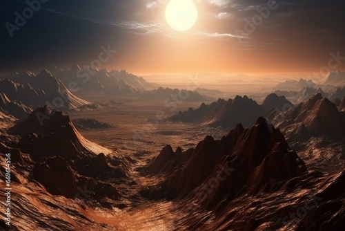 Extraterrestrial world with majestic mountains in a breathtaking 3D panoramic view. Generative AI