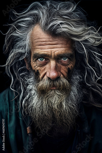 Portrait of a homeless man close up, sadness in the eyes, Generative AI