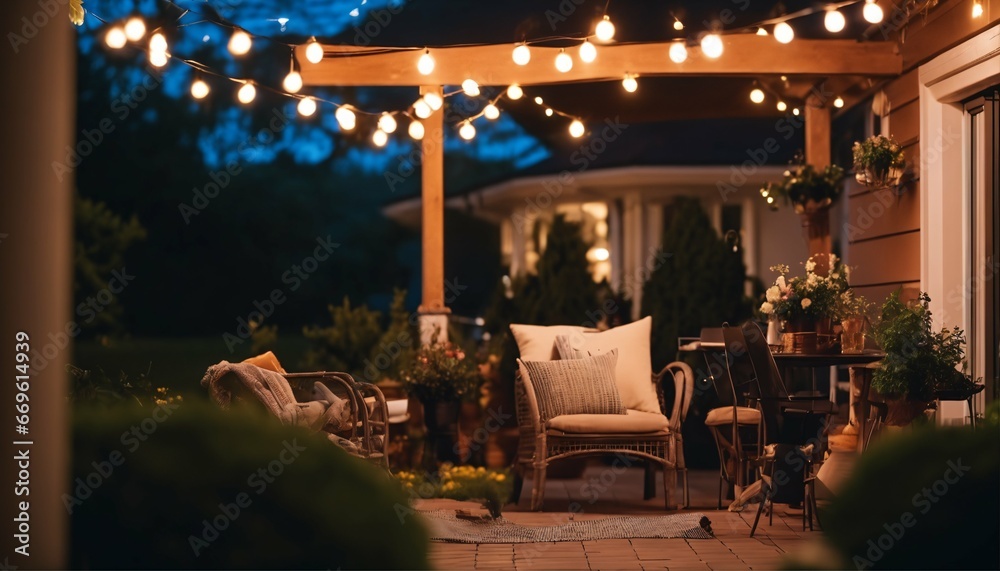 Garden lights illuminating the patio of a beautiful suburban house on a summer evening