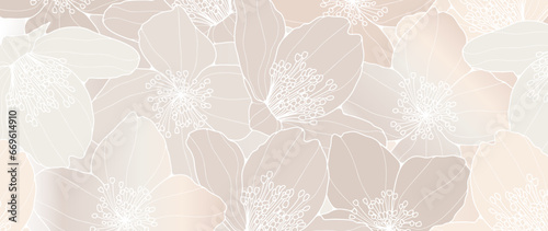 Delicate beige floral background with beautiful flowers. Feminine vector background for decor, wallpaper, covers, cards and presentations.