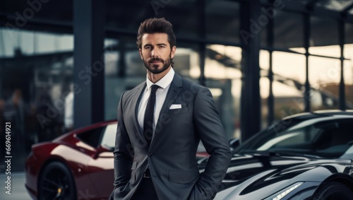 Caucasiansian Man Wealthy Business Person Sports Car Backdrop Generative AI © Johnathan