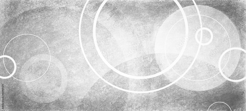 Abstract geometric background of white circles on textured gray black background in random abstract pattern, abstract modern art design with distressed grunge texture