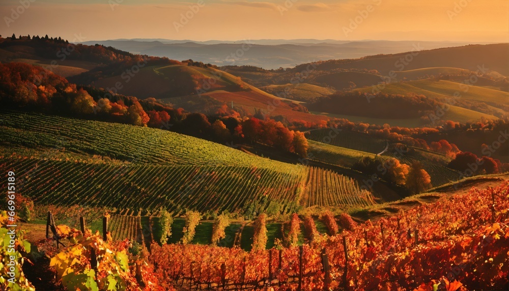 Autumn vineyard on hillside: Full of fallen colored leaves