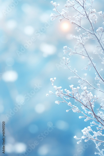 Winter branch covered with frost and snow. Frozen winter branch with copy space. Blurred bokeh background. © ekim