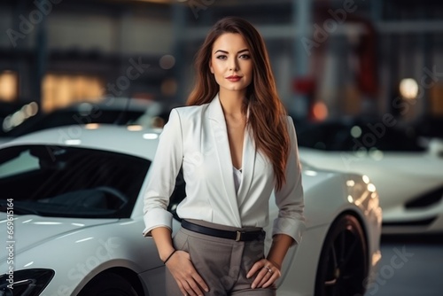 Caucasiansian Female Rich Entrepreneur Supercar Backdrop Generative AI
