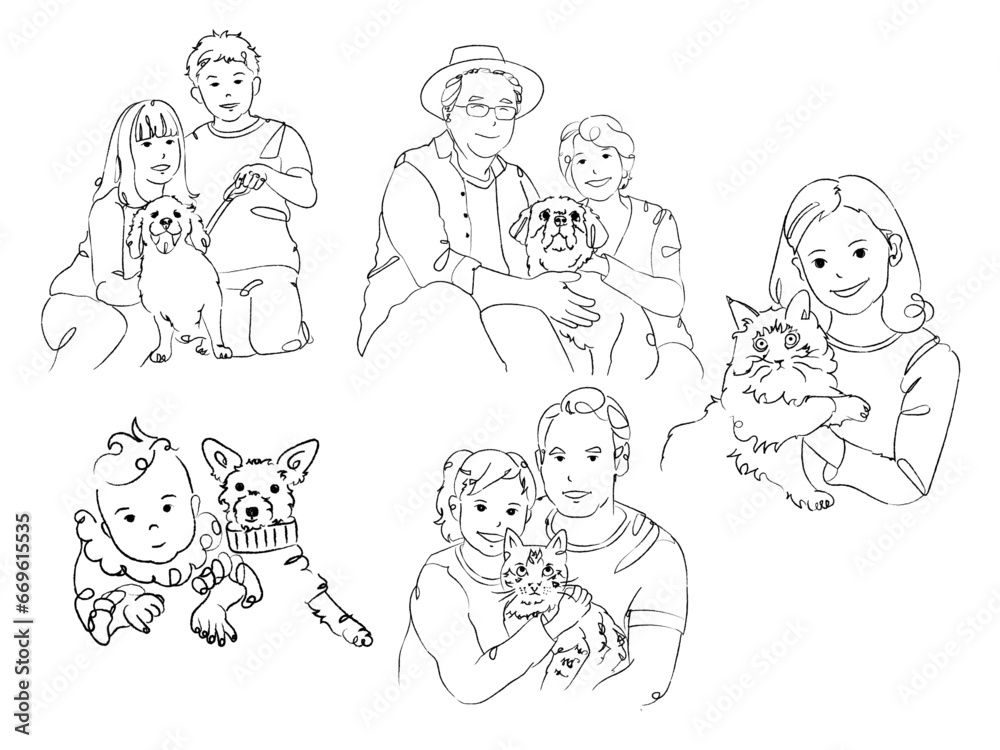 family portrait with pets line drawing / doodle set family portrait with pets line drawing / doodle set