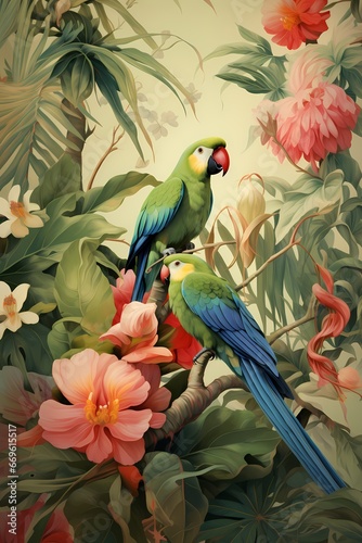 Colorful parrots in a tropical garden  © s_karau