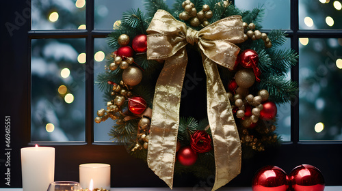 Christmas wreath decorated with bows and other high-quality Christmas decorations 4K
