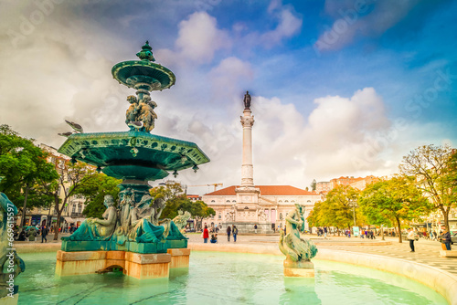 famous Rossio square at sunny day, Lisbon, Portugal