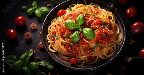tomato spaghetti on black table with basil leaves, bokeh shot, top view, in the style of quadratura, cinquecento photo