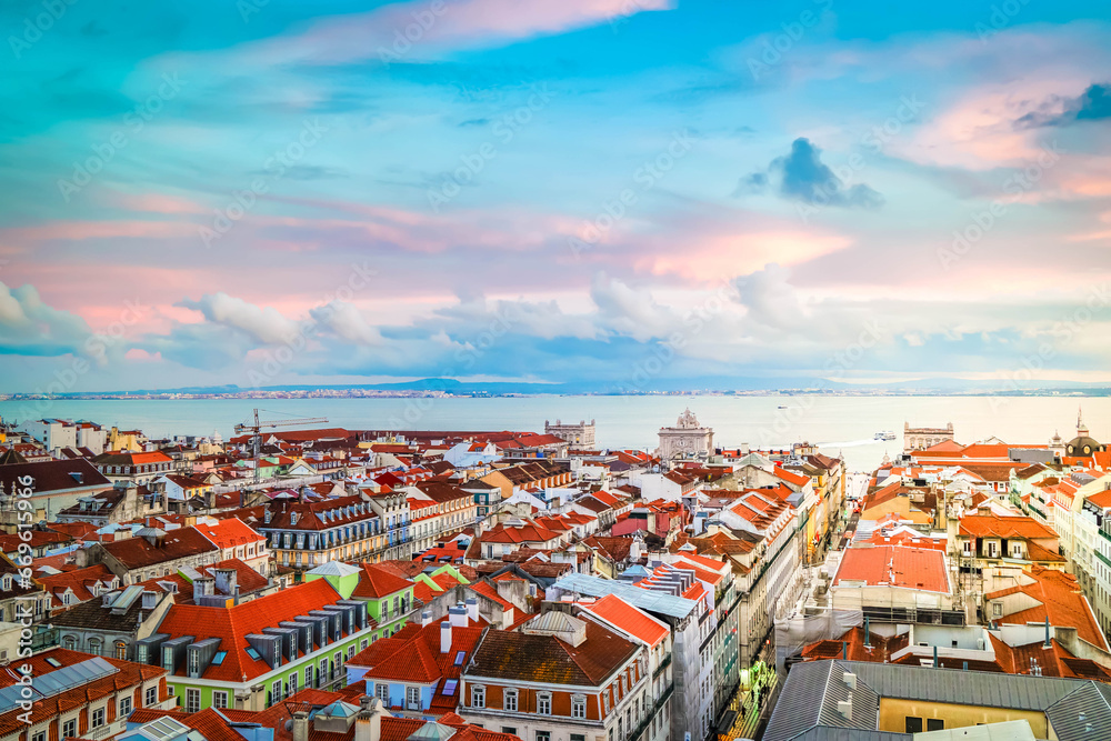 view of Lisbon over old town quarters at sunset, Lisbon Portugal