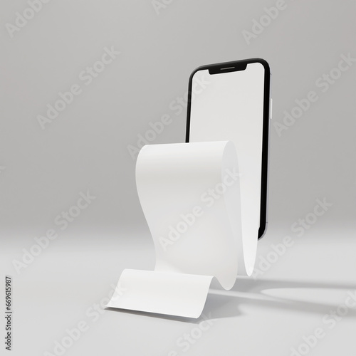Smartphone with blank long screen scroll on grey background. Mockup. 3d rendering