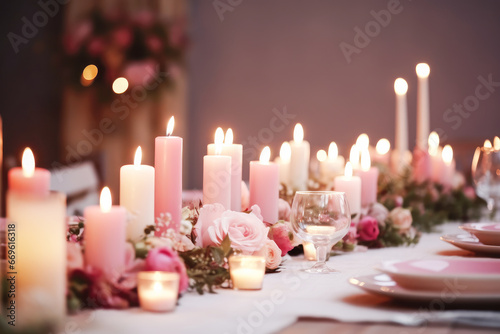 Beautiful dinner table setting in pink colors.