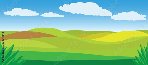 illustration of a landscape with sky clouds over fields meadows summer concept