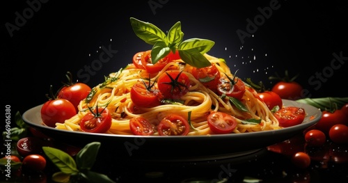 spaghetti with tomatoes  basil  and pasta on black background  in the style of quadratura  cartelcore  modern