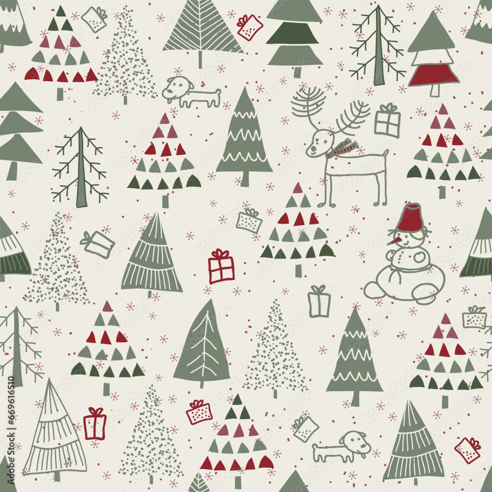 Christmas seamless pattern for greeting cards, wrapping paper. Hand drawn winter background from doodle Christmas trees, snowflakes, deer and dogs. Vector illustration.