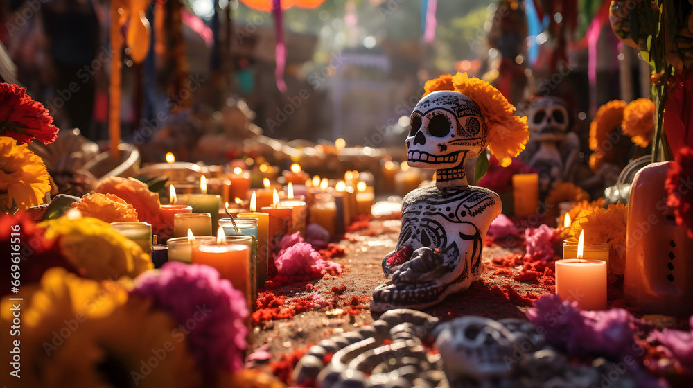 Illuminated Day of the Dead celebration with colorful flowers, intricate painted skulls, and glowing candles in a festive ambiance