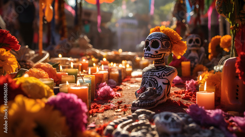 Obraz na płótnie Illuminated Day of the Dead celebration with colorful flowers, intricate painted skulls, and glowing candles in a festive ambiance w salonie