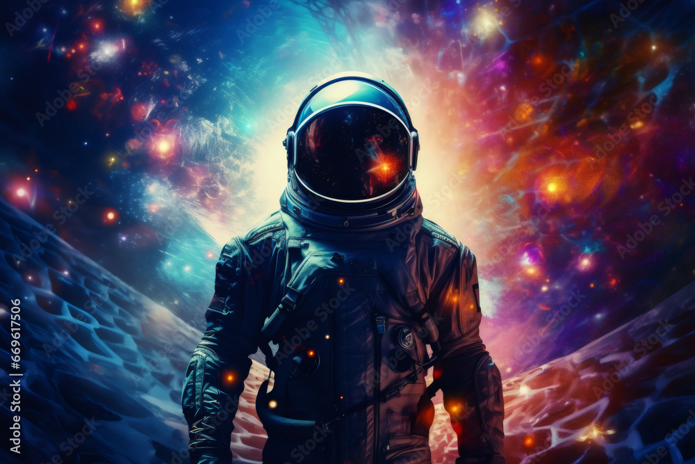 An astronaut in focus, with a softly blurred background of atom-inspired constellations and galaxies. Great for promoting space exploration missions and astronomy. Generative Ai
