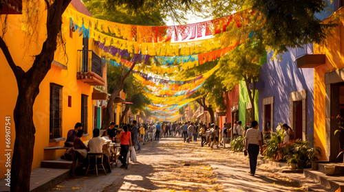 Sunny street in Mexico adorned with vibrant paper garlands, lively crowds, and colorful colonial buildings