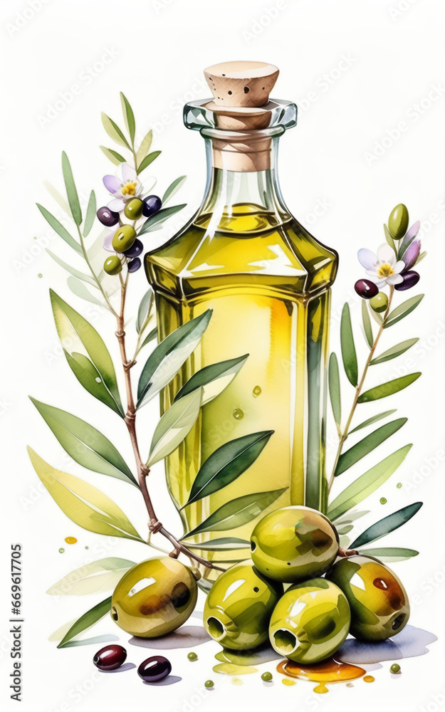 Olives with leaves and flowers. Olive oil in a bottle Made with watercolors. White background. AI Olives with leaves and flowers. Olive oil in a bottle Made with watercolors. White background. AI