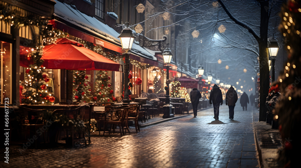 Illuminated City with Christmas Decorations on a Snowy Evening, Christmas Atmosphere, High-Quality 4K Illuminated City with Christmas Decorations on a Snowy Evening, Christmas Atmosphere, High-Quality 4K
