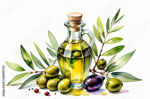 Olives with leaves and flowers. Olive oil in a bottle Made with watercolors. White background. AI