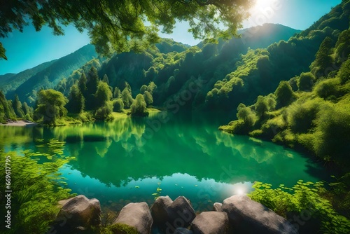 \A mountain lake surrounded by lush greenery