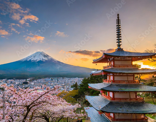 Fujiyoshida  Japan Beautiful view of mountain Fuji and Chureito pagoda at sunset  japan in the spring with cherry blossoms