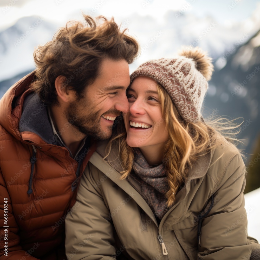 Fototapeta premium A man and woman are smiling while sitting on a mountain, AI