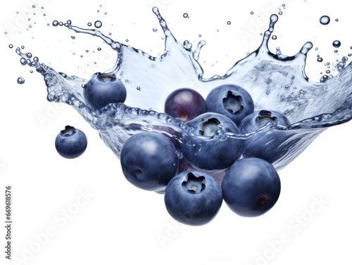Fresh blueberries in water splash on white background