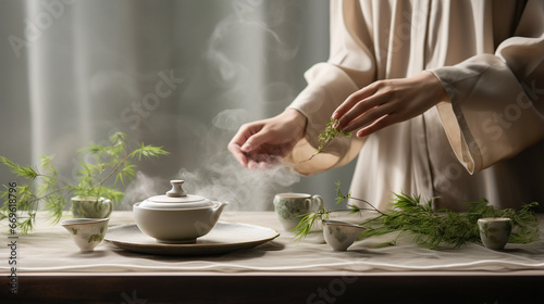 "Tranquil Tea Ceremony": Delicate porcelain, steam, and leaves in a meditative ritual.