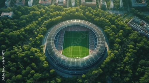 aerial view modern soccer stadium with trees generative ai