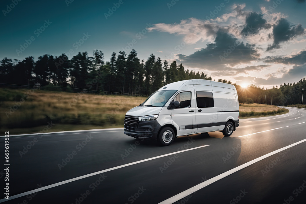 White modern delivery small shipment cargo courier van moving fast on motorway road to city urban suburb. Business distribution and logistics express service