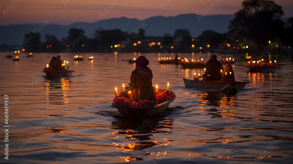 Serenity on water: candle-lit boats drift during dusk with silhouetted figures against a backdrop of mountains and twilight