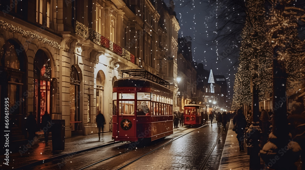 Fototapeta premium Illuminated City with Christmas Decorations on a Snowy Evening, Christmas Atmosphere, High-Quality 4K