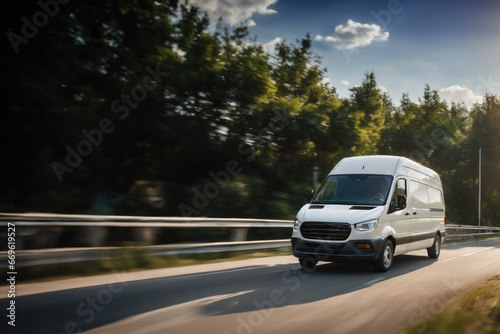 White modern delivery small shipment cargo courier van moving fast on motorway road to city urban suburb. Business distribution and logistics express service © Marko