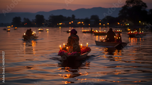 Obraz na płótnie Serenity on water: candle-lit boats drift during dusk with silhouetted figures against a backdrop of mountains and twilight w salonie