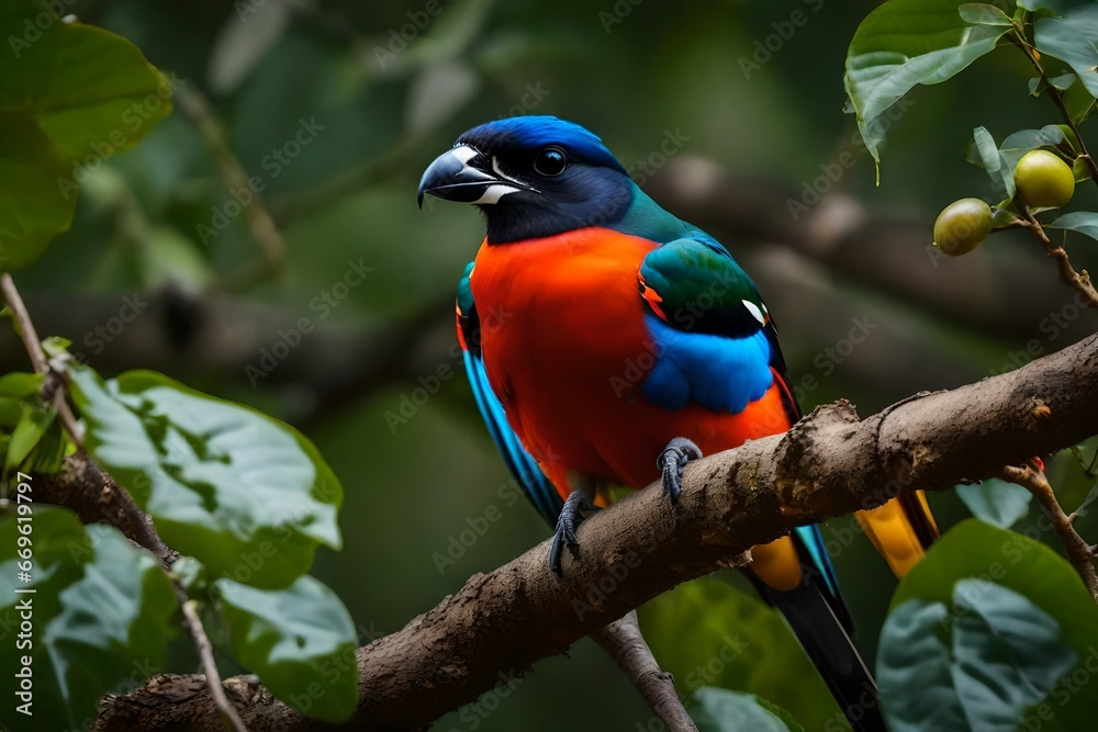 blue-crowned trogon at a fruit tree.